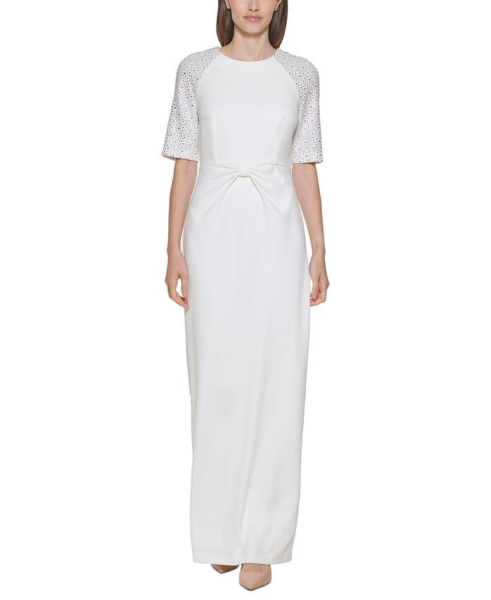 Vestido Calvin Klein Feminino com Strass e Cintura Alta, Branco, Tamanho 16