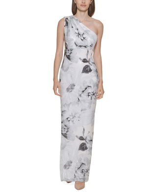 Calvin Klein Women's Embellished One Shoulder Gown Gray Size 4