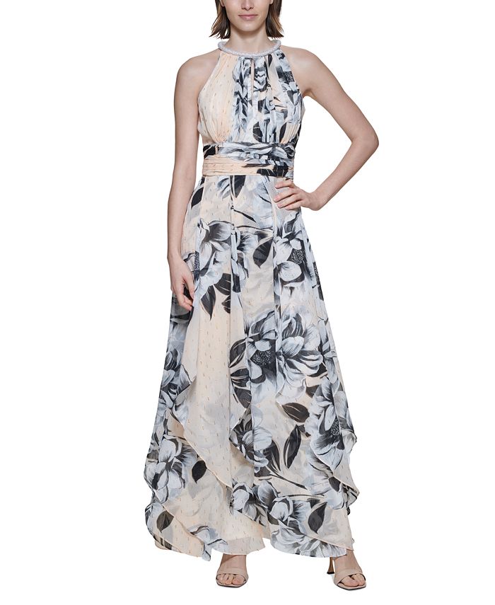 Vestido longo feminino Calvin Klein com estampa floral bordada metálica, marrom, tamanho 8
