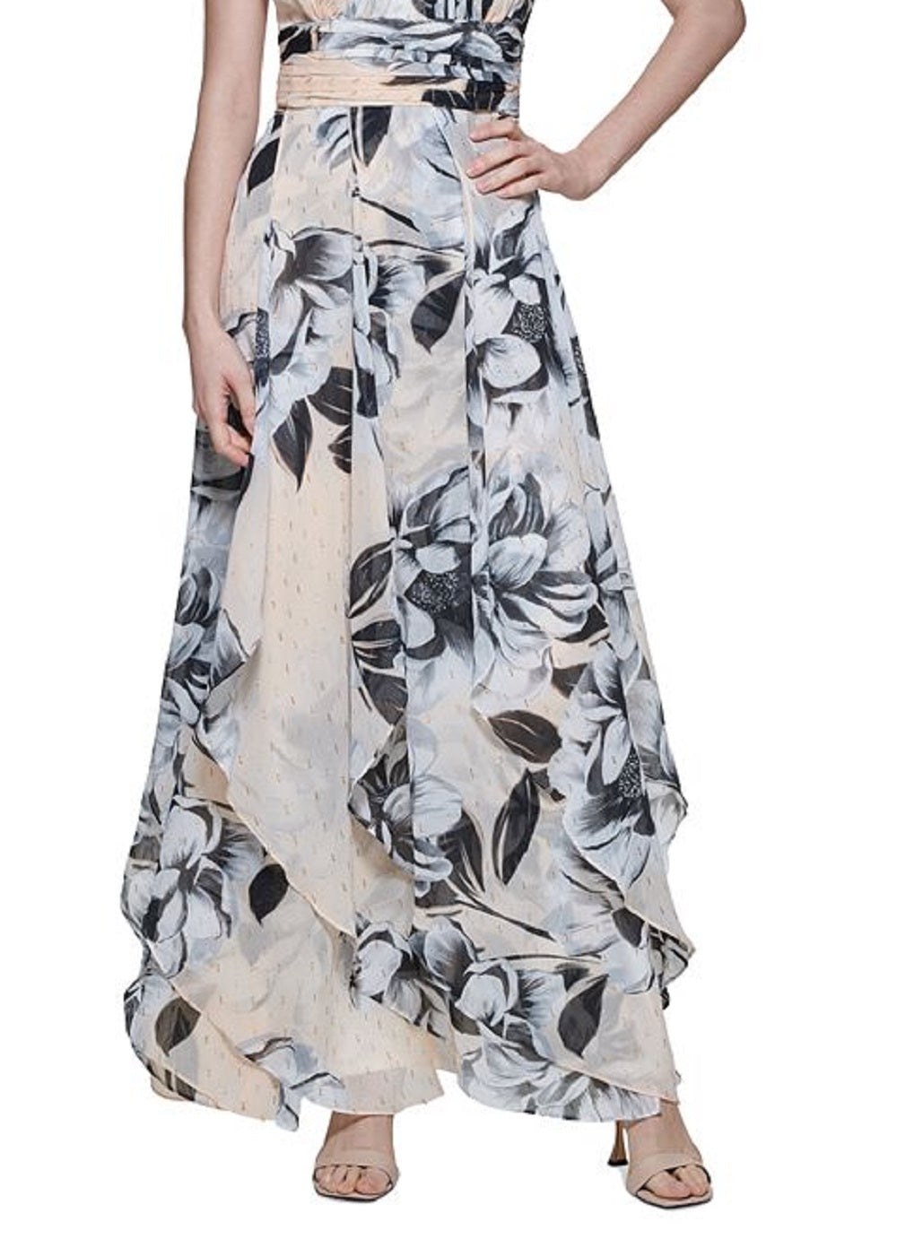 Vestido longo feminino Calvin Klein com estampa floral bordada metálica, marrom, tamanho 8