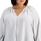 Blusa feminina listrada texturizada com decote em V, branca, tamanho 2X