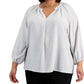 Blusa feminina listrada texturizada com decote em V, branca, tamanho 2X