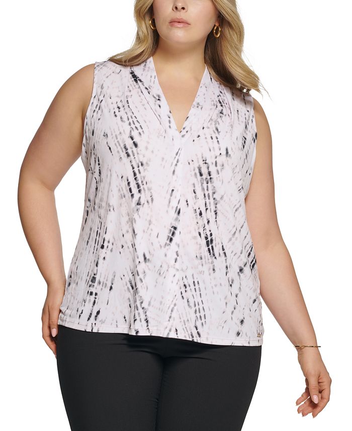 Blusa Calvin Klein Plus Size Feminina Estampada Gola V Cinza Tamanho 2X