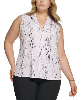 Calvin Klein Women's Plus Printed V Neck Top Gray Size 2X