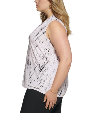 Calvin Klein Women's Plus Printed V Neck Top Gray Size 2X