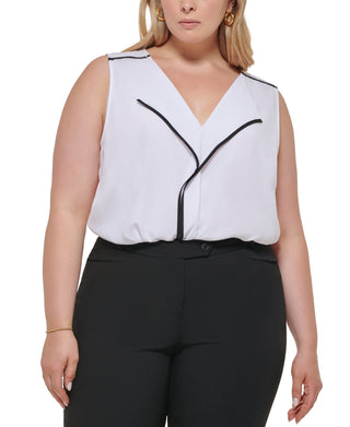 Calvin Klein Women's Plus Contrast Trim V Neck Blouse White Size 2X