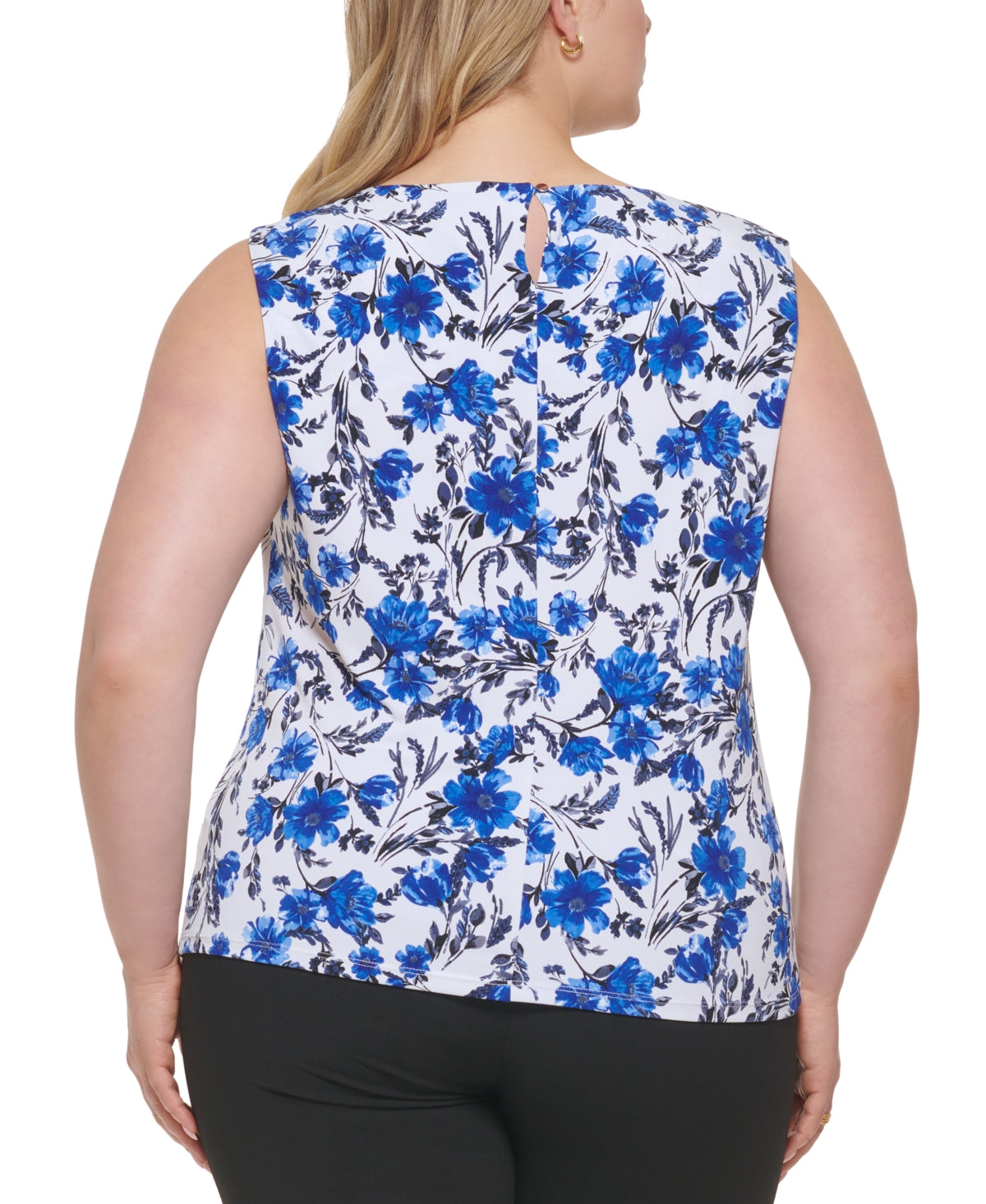 Blusa feminina Calvin Klein com gola plissada, azul, tamanho 2X