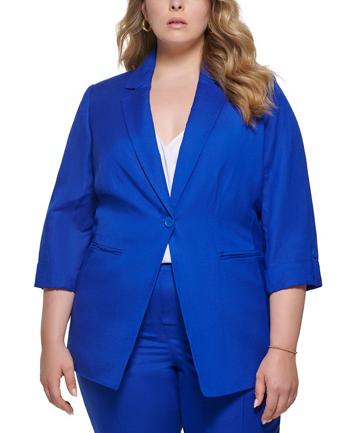 Jaqueta Calvin Klein Feminina de Linho Misto com Um Botão Azul Tamanho 16W