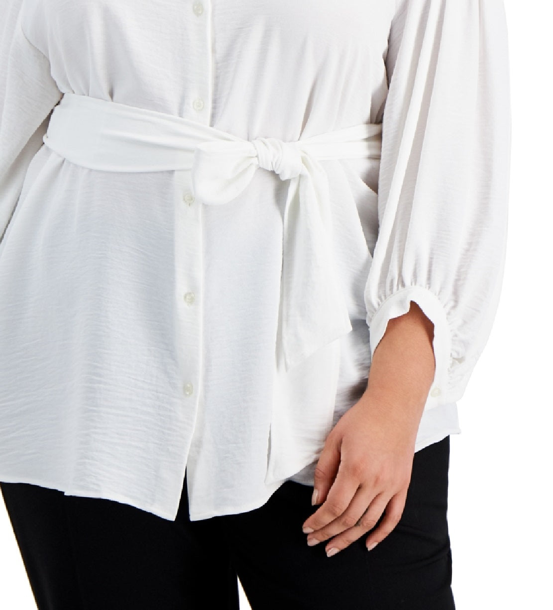 Blusa Calvin Klein Feminina Manga Balão Amarrada na Cintura com Botões Frontais Branca Tamanho 1X