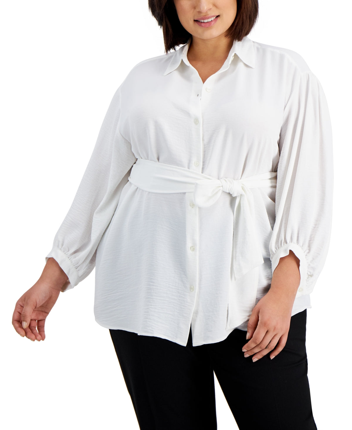 Blusa Calvin Klein Feminina Manga Balão Amarrada na Cintura com Botões Frontais Branca Tamanho 1X
