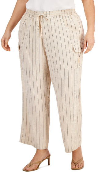 Calça cargo feminina Calvin Klein listrada e amarrotada, perna larga, marrom, tamanho 3X