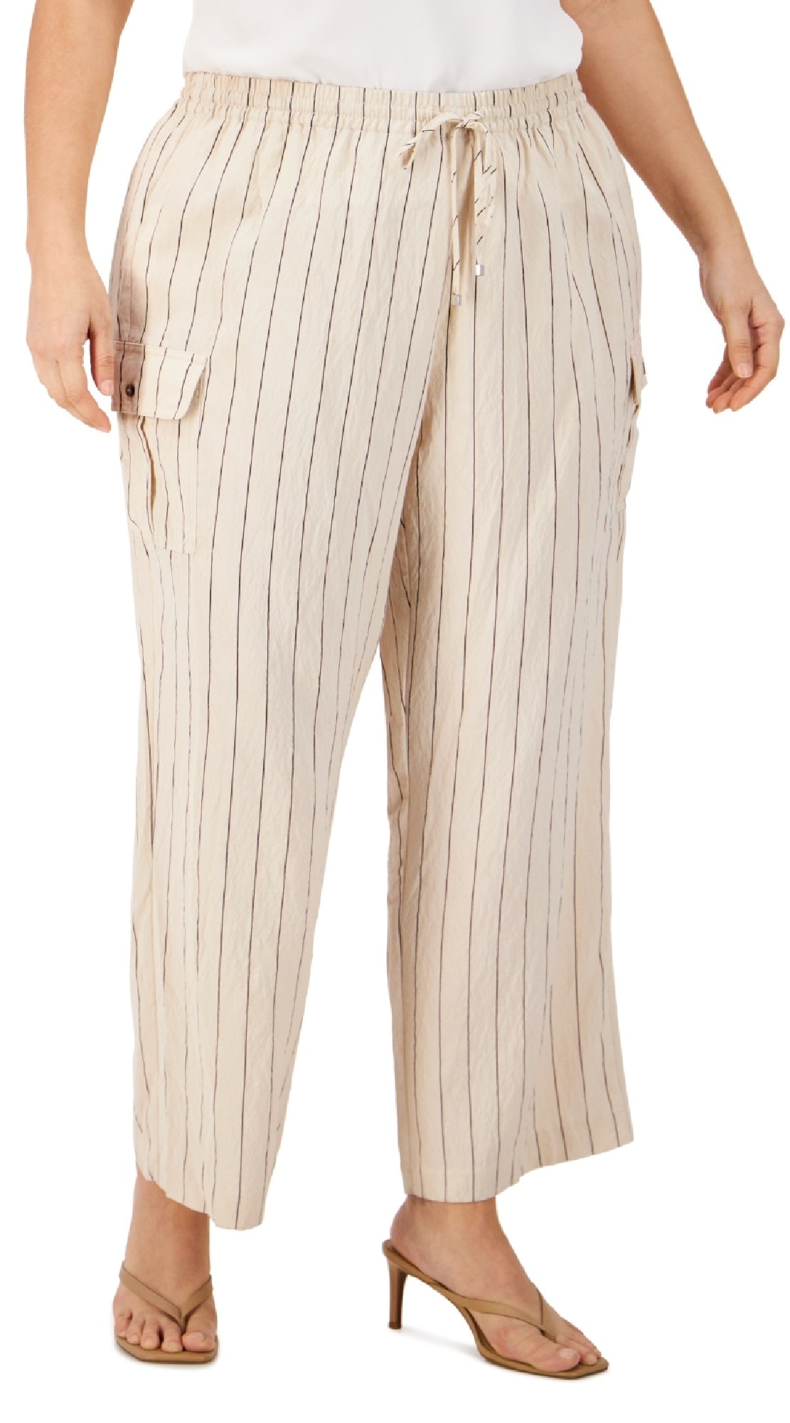 Calça cargo feminina Calvin Klein listrada e amarrotada, perna larga, marrom, tamanho 3X