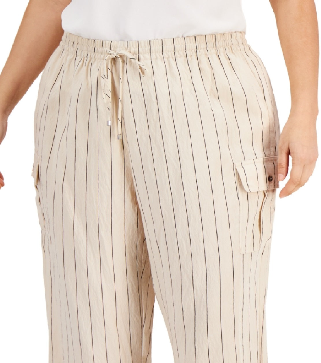 Calça cargo feminina Calvin Klein listrada e amarrotada, perna larga, marrom, tamanho 3X