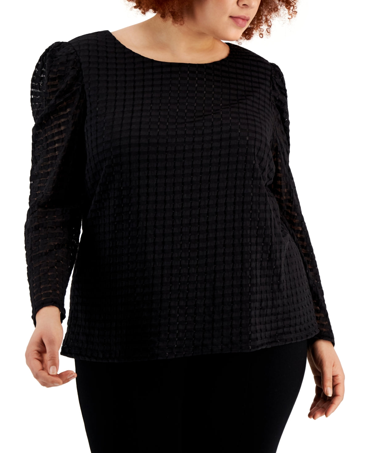 Blusa feminina Calvin Klein xadrez com ombros bufantes, preta, tamanho 2X