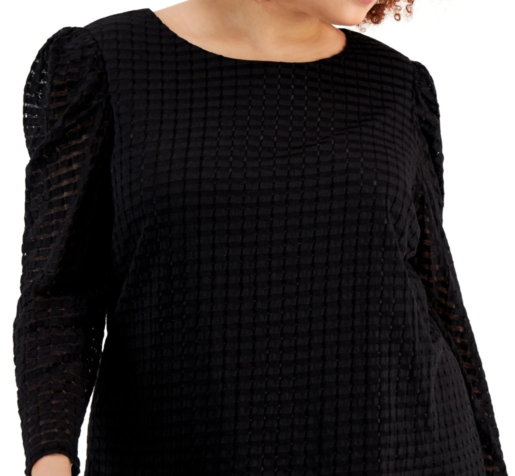 Blusa feminina Calvin Klein xadrez com ombros bufantes, preta, tamanho 2X