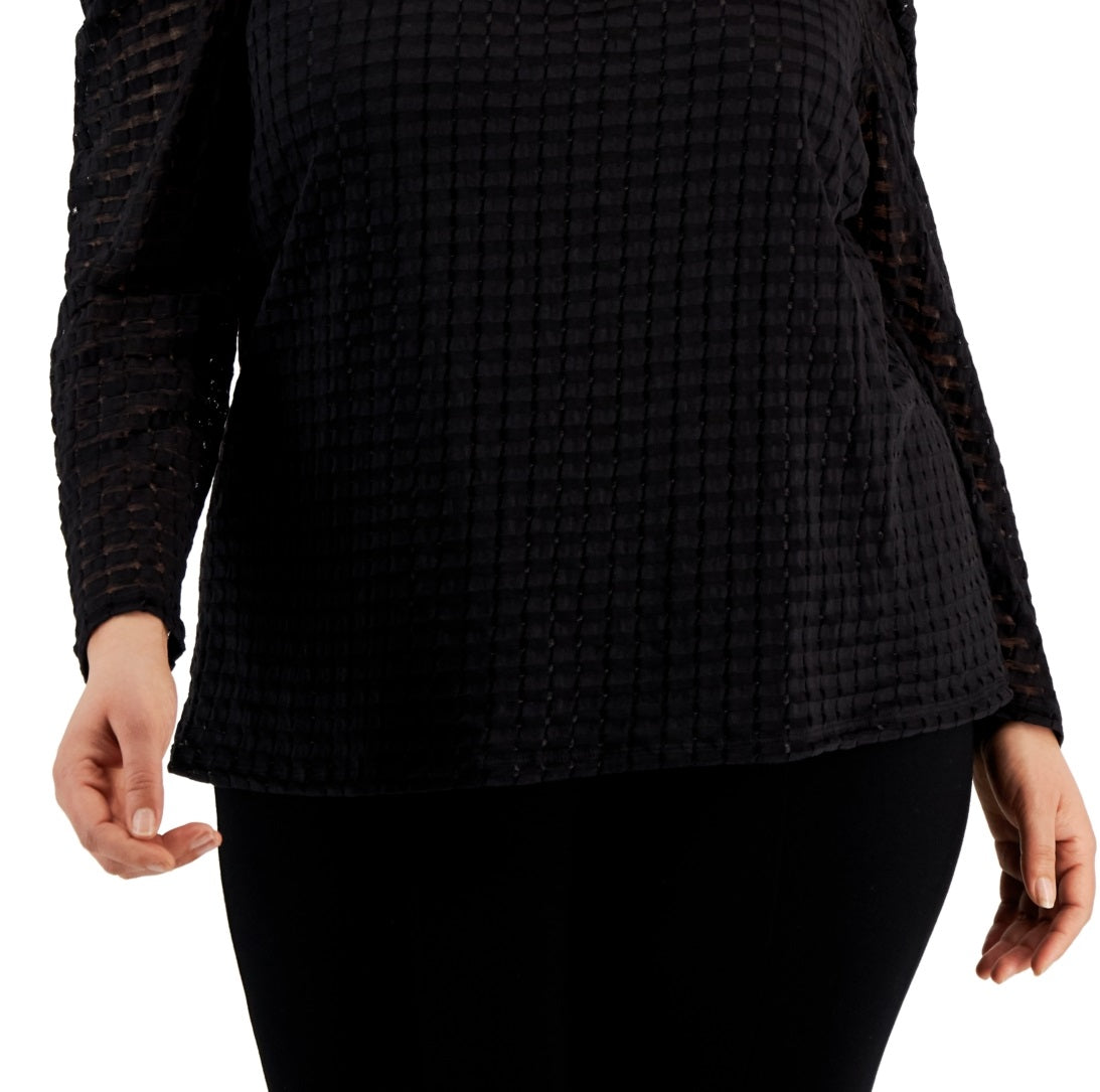 Blusa feminina Calvin Klein xadrez com ombros bufantes, preta, tamanho 2X