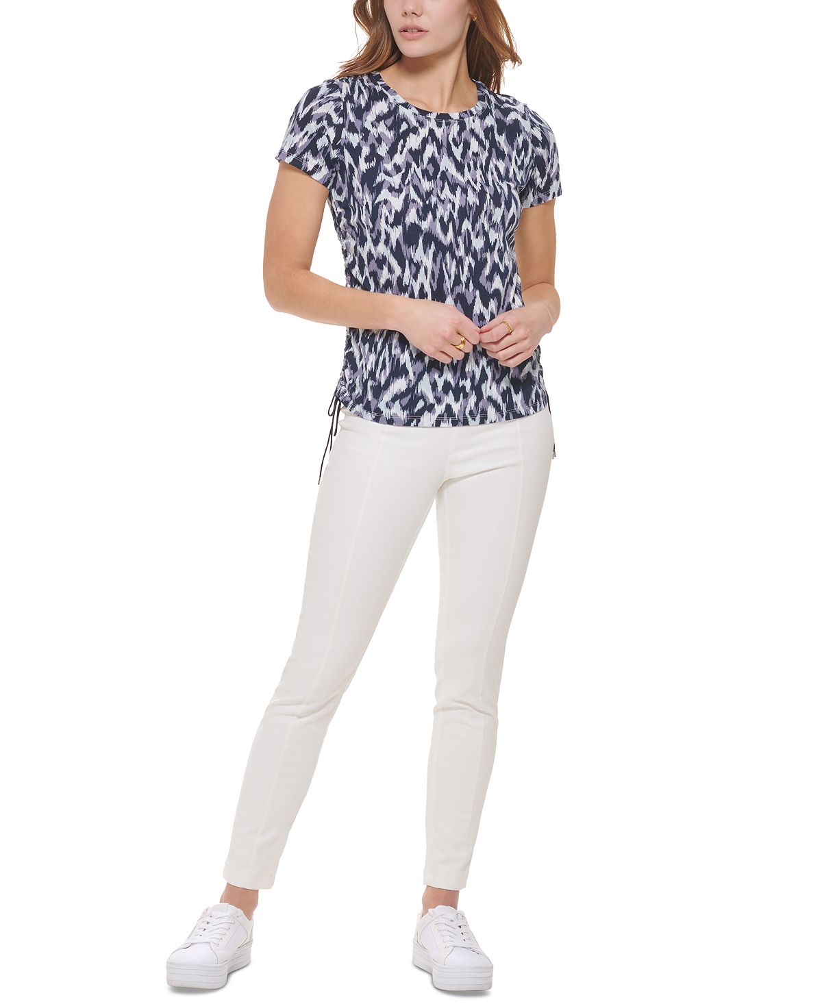 Blusa Calvin Klein Feminina Estampada Lateral Franzida Azul Tamanho Médio
