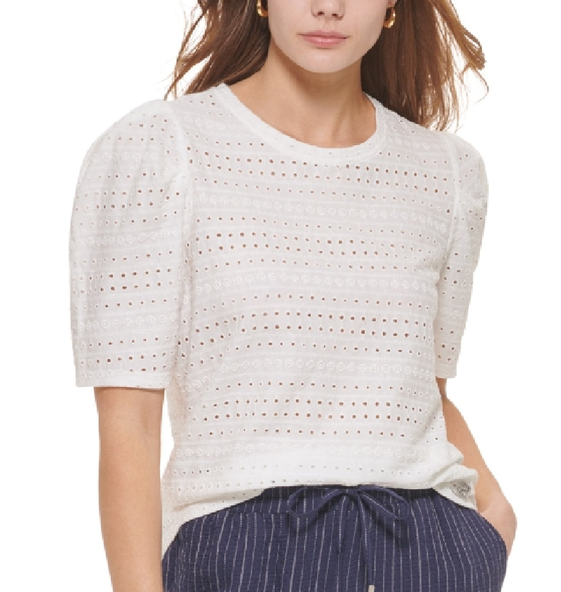 Blusa Calvin Klein Feminina Manga Curta Ombros Bufantes com Ilhós Branco Tamanho Médio