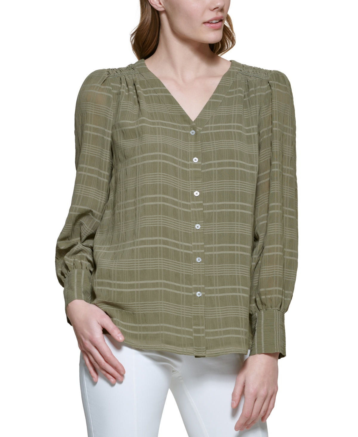 Blusa feminina Calvin Klein xadrez com ombros bufantes, branca, tamanho médio