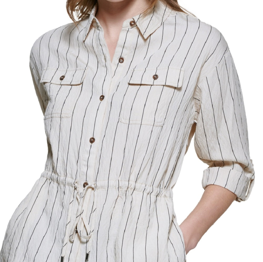 Camisa feminina Calvin Klein listrada com botões e amarração na cintura, marrom, tamanho grande