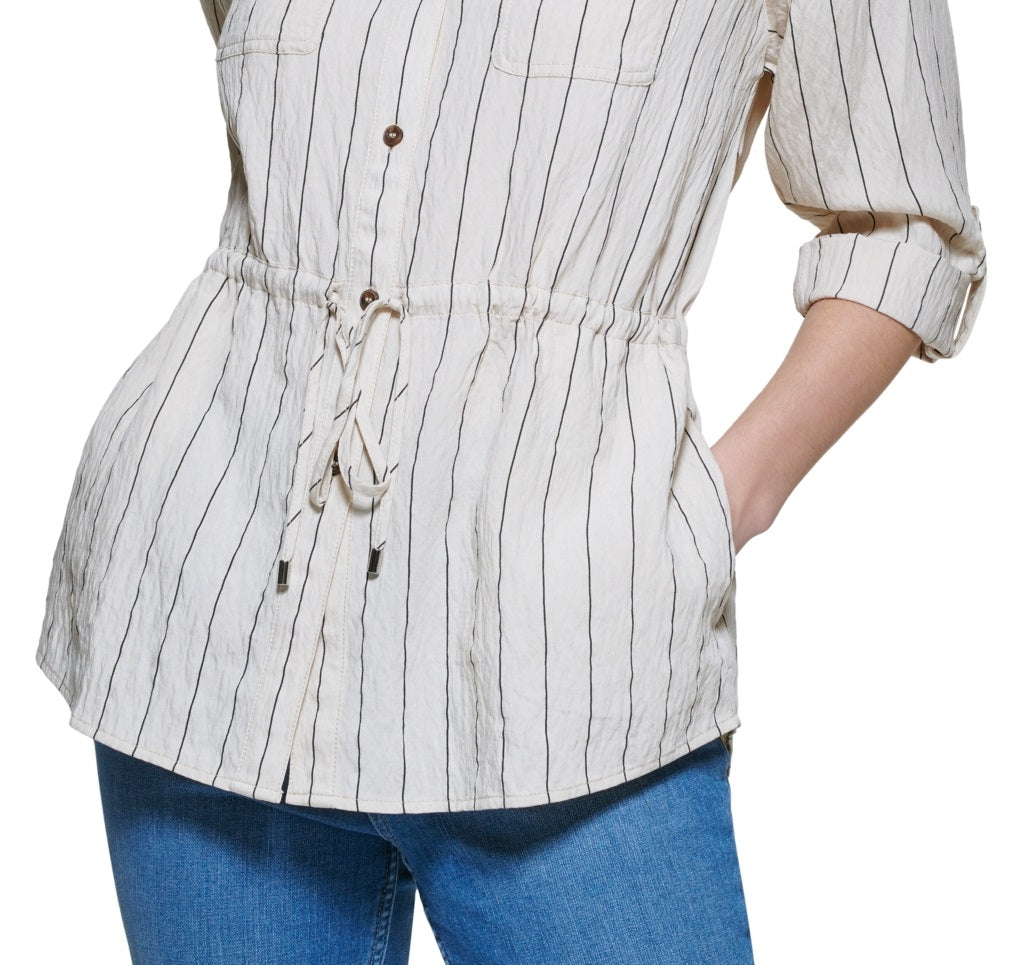 Camisa feminina Calvin Klein listrada com botões e amarração na cintura, marrom, tamanho grande