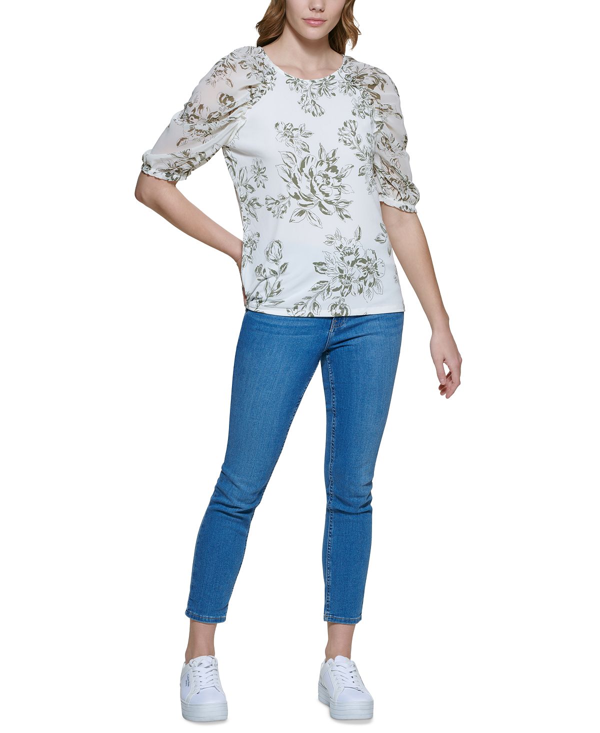 Blusa Calvin Klein Feminina Estampa Floral Chiffon Manga Longa Verde Tamanho Médio