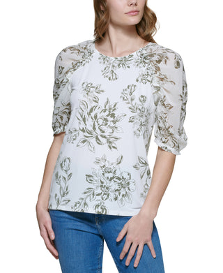 Blusa Calvin Klein Feminina Estampa Floral Chiffon Manga Longa Verde Tamanho Médio