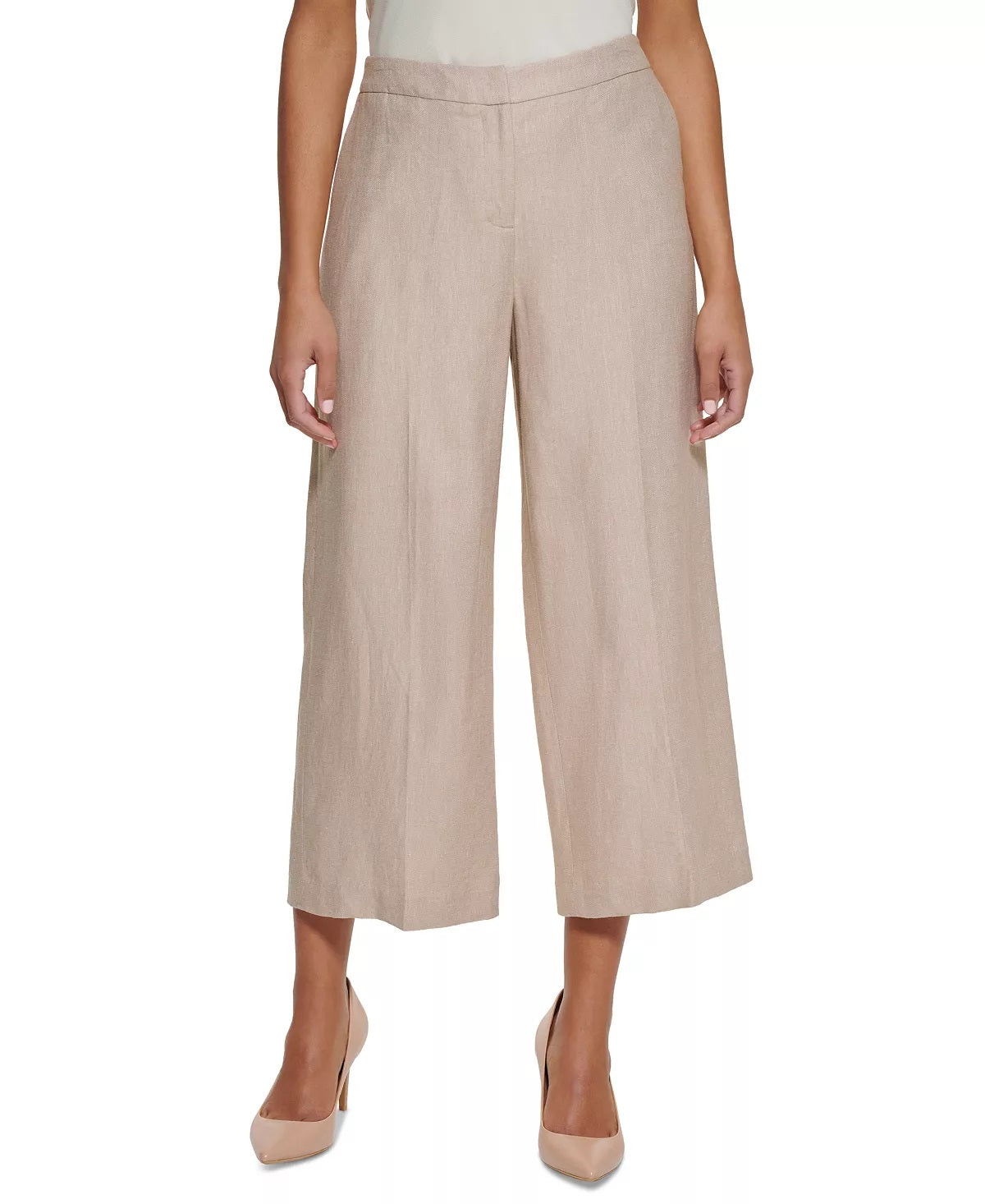 Calça feminina Calvin Klein Plus Linen Cropped Wide Leg Bege Tamanho 14W