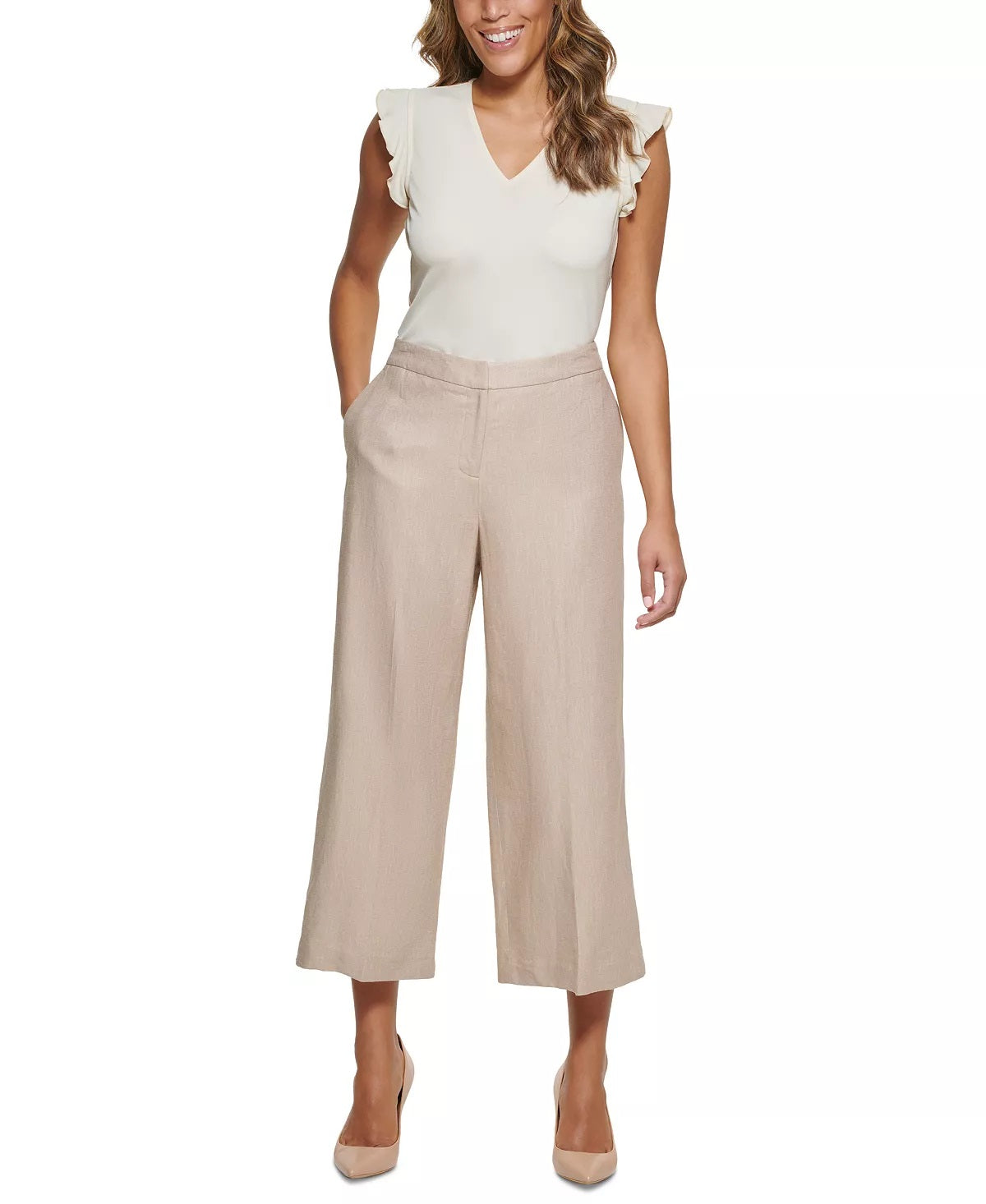 Calça feminina Calvin Klein Plus Linen Cropped Wide Leg Bege Tamanho 14W