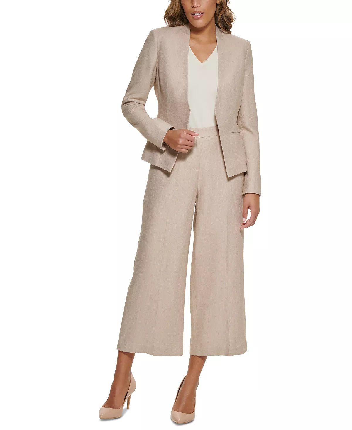 Calça feminina Calvin Klein Plus Linen Cropped Wide Leg Bege Tamanho 14W