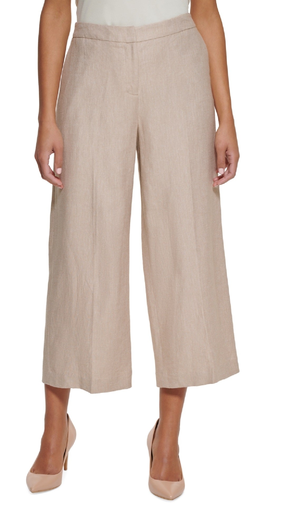 Calça feminina Calvin Klein de linho com perna larga e cropped marrom, tamanho 14 Petite