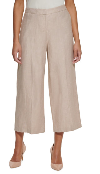 Calça feminina Calvin Klein de linho com perna larga e cropped marrom, tamanho 14 Petite