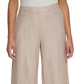 Calça feminina Calvin Klein de linho com perna larga e cropped marrom, tamanho 14 Petite