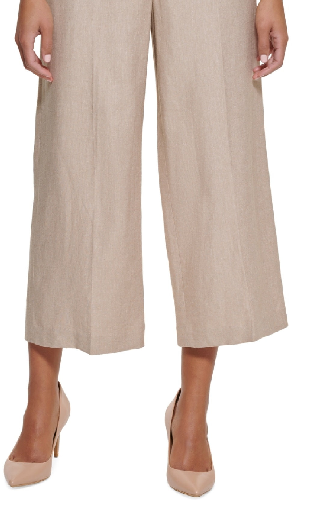Calça feminina Calvin Klein de linho com perna larga e cropped marrom, tamanho 14 Petite