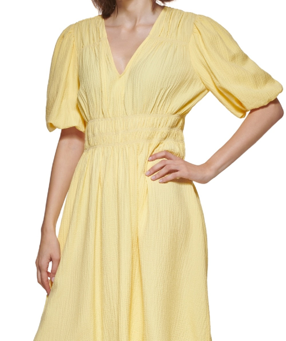 Vestido Calvin Klein Feminino de Gaze com Cintura Smocked, Amarelo, Tamanho 16