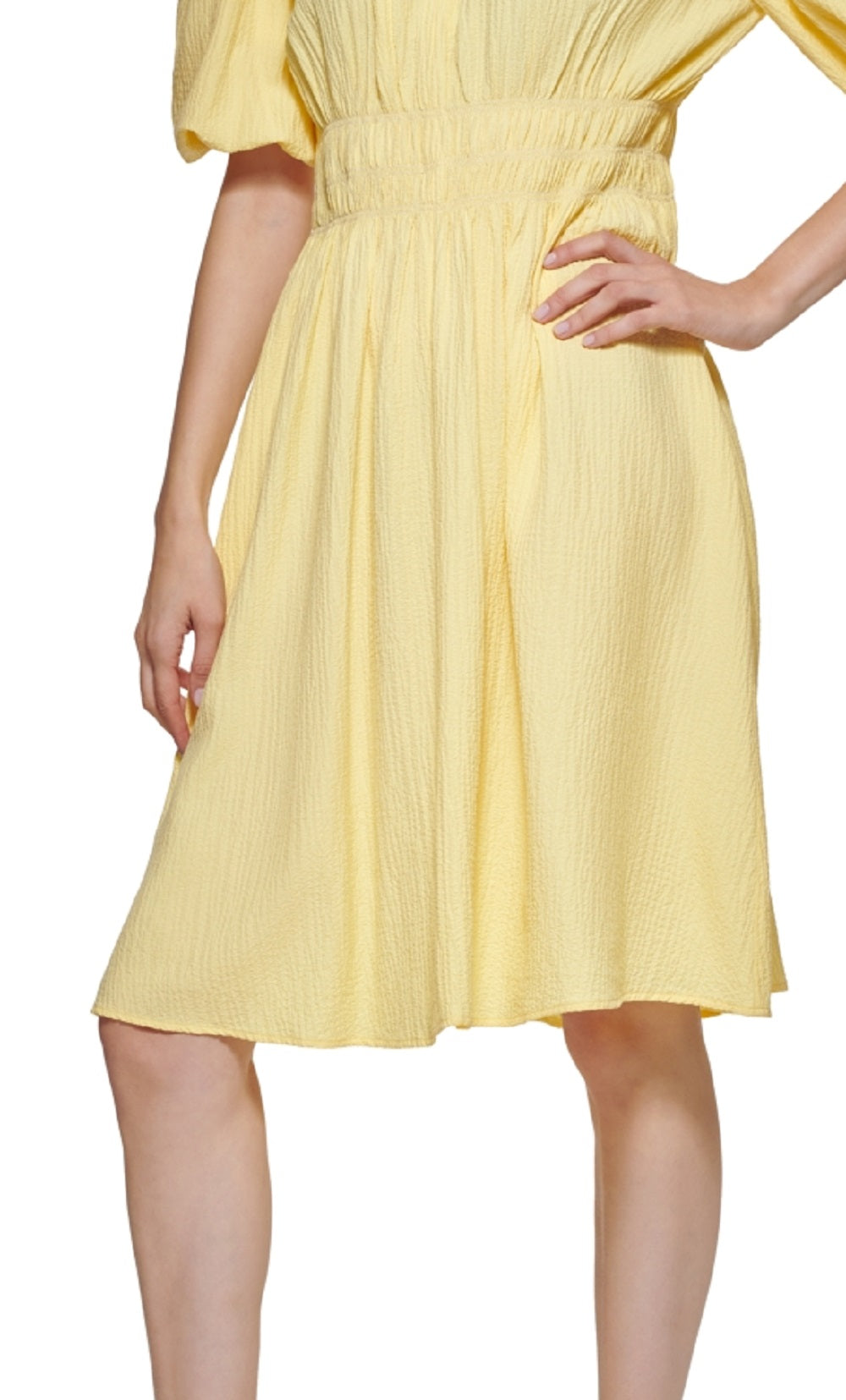 Vestido Calvin Klein Feminino de Gaze com Cintura Smocked, Amarelo, Tamanho 16