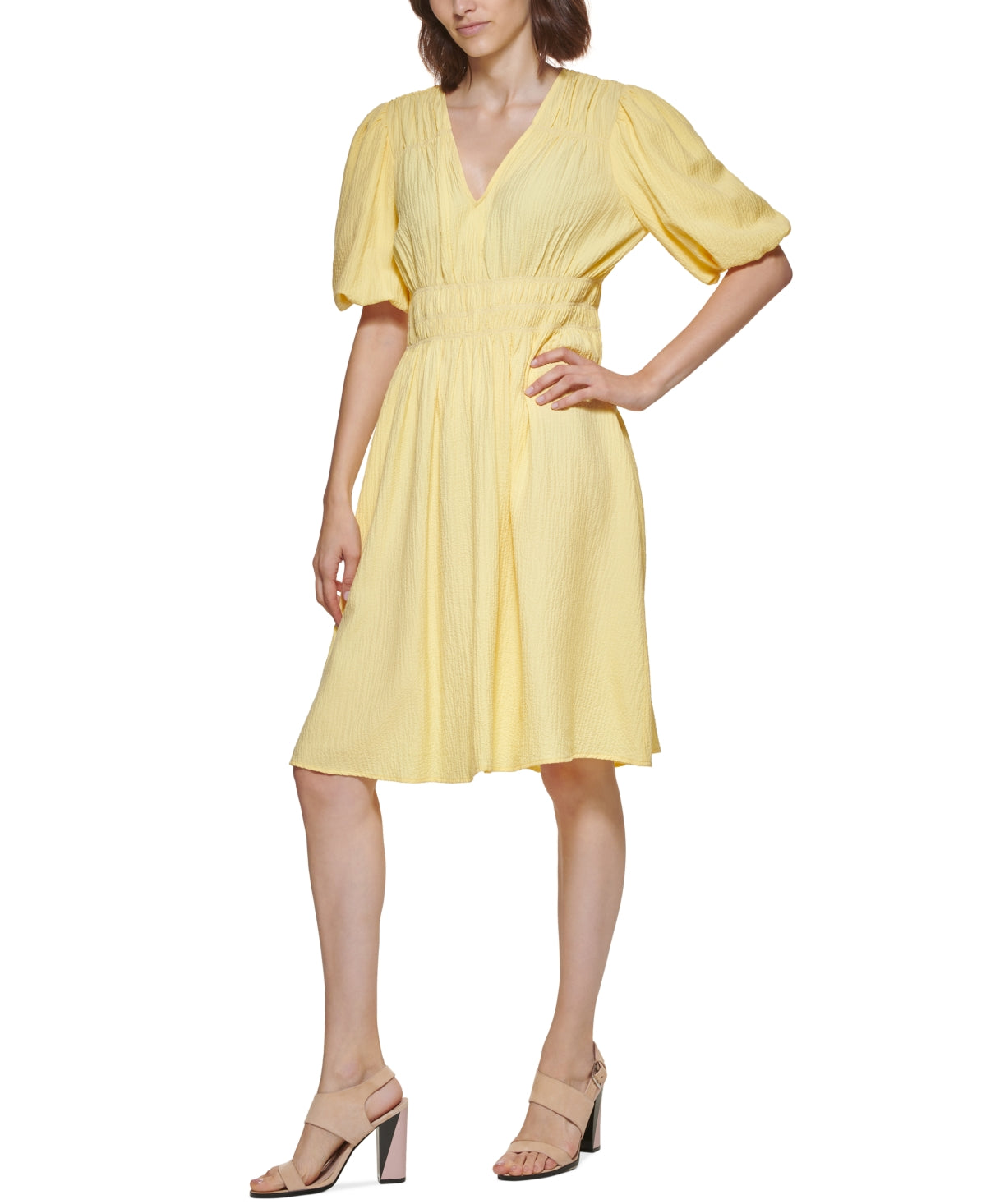 Vestido Calvin Klein Feminino de Gaze com Cintura Smocked, Amarelo, Tamanho 16