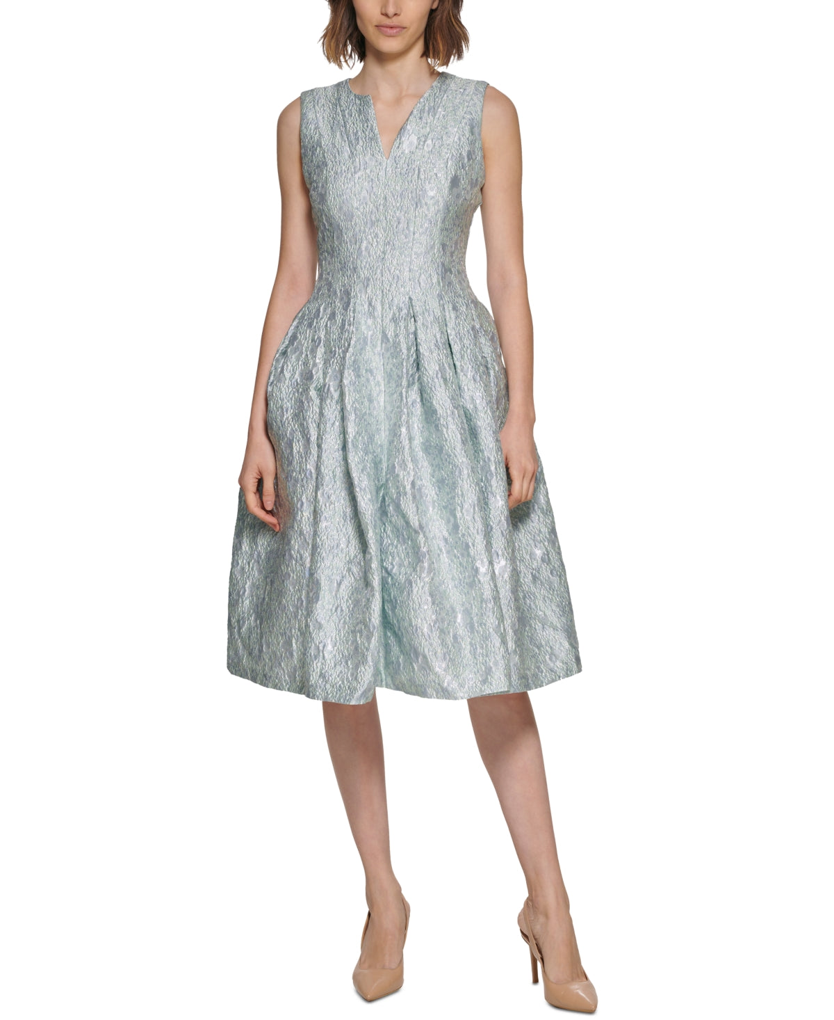 Vestido Calvin Klein Feminino Jacquard Plissado Fit &amp; Flare Azul Tamanho 12