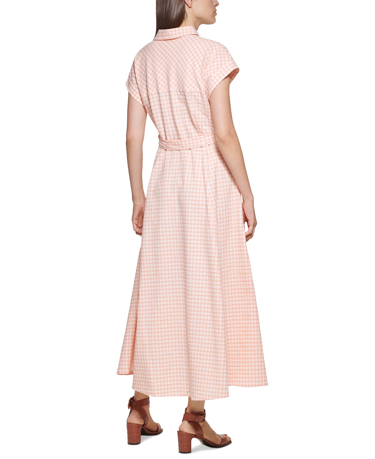 Vestido-camisa xadrez com cinto Calvin Klein feminino, laranja, tamanho 16