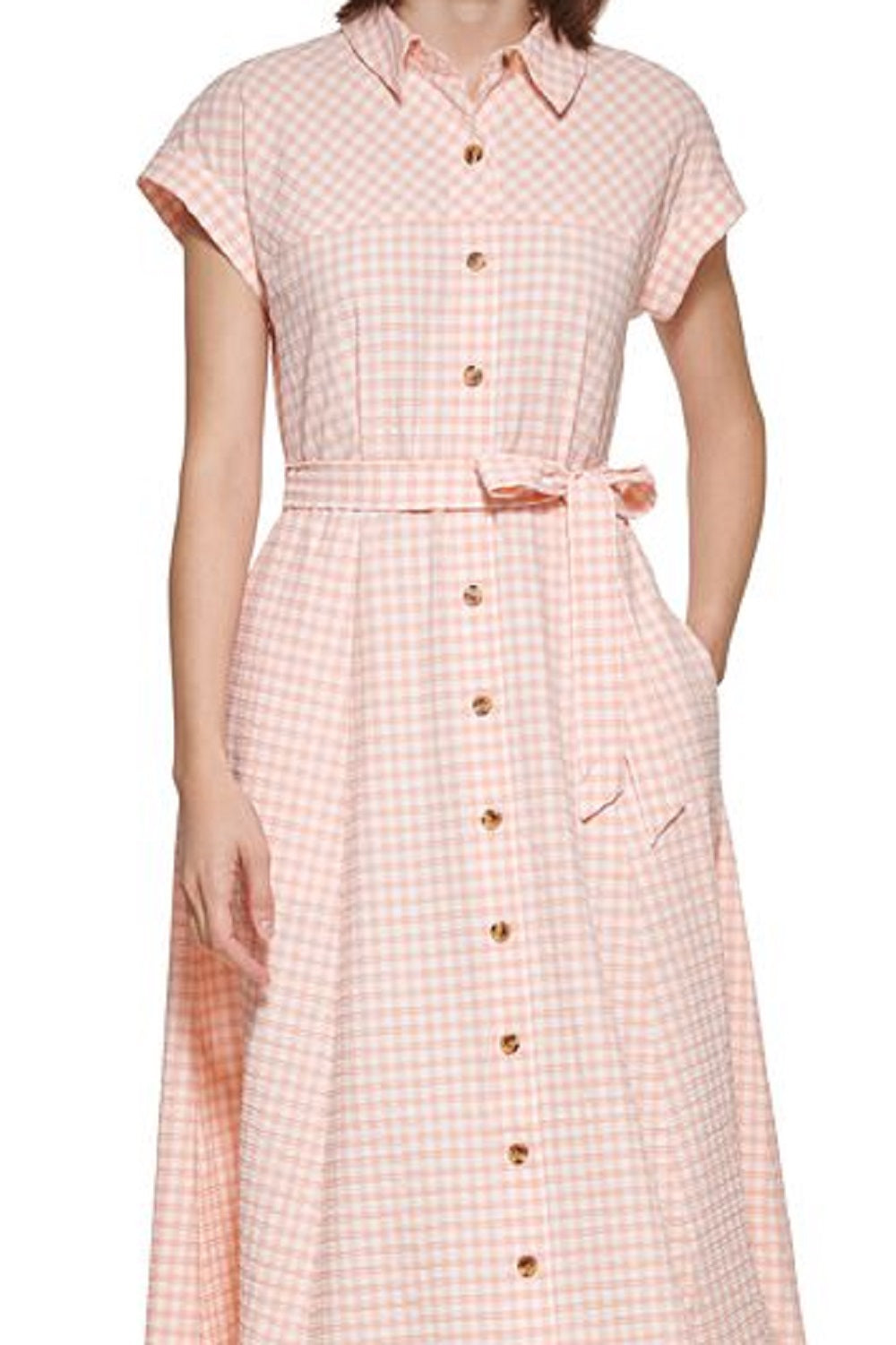 Vestido-camisa xadrez com cinto Calvin Klein feminino, laranja, tamanho 16