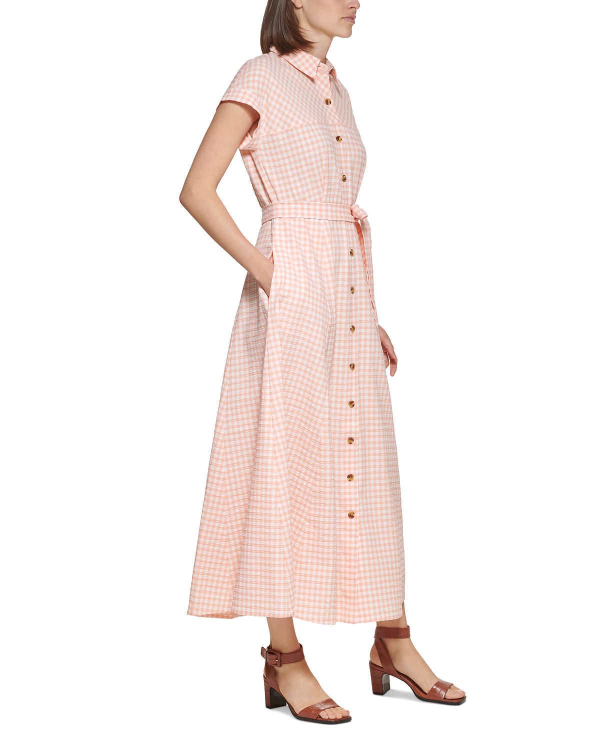 Vestido-camisa Calvin Klein feminino xadrez com cinto laranja tamanho 4