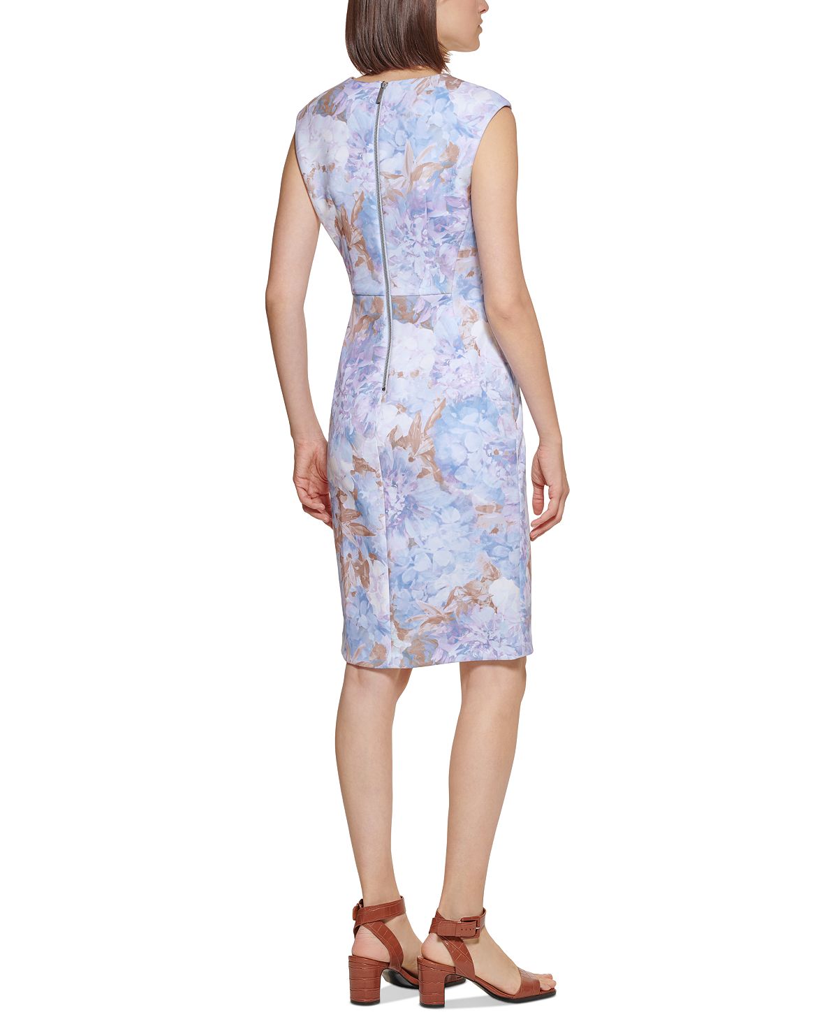 Vestido tubinho floral Calvin Klein feminino, decote em V, azul, tamanho 16