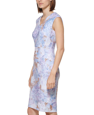 Vestido tubinho floral Calvin Klein feminino, decote em V, azul, tamanho 16