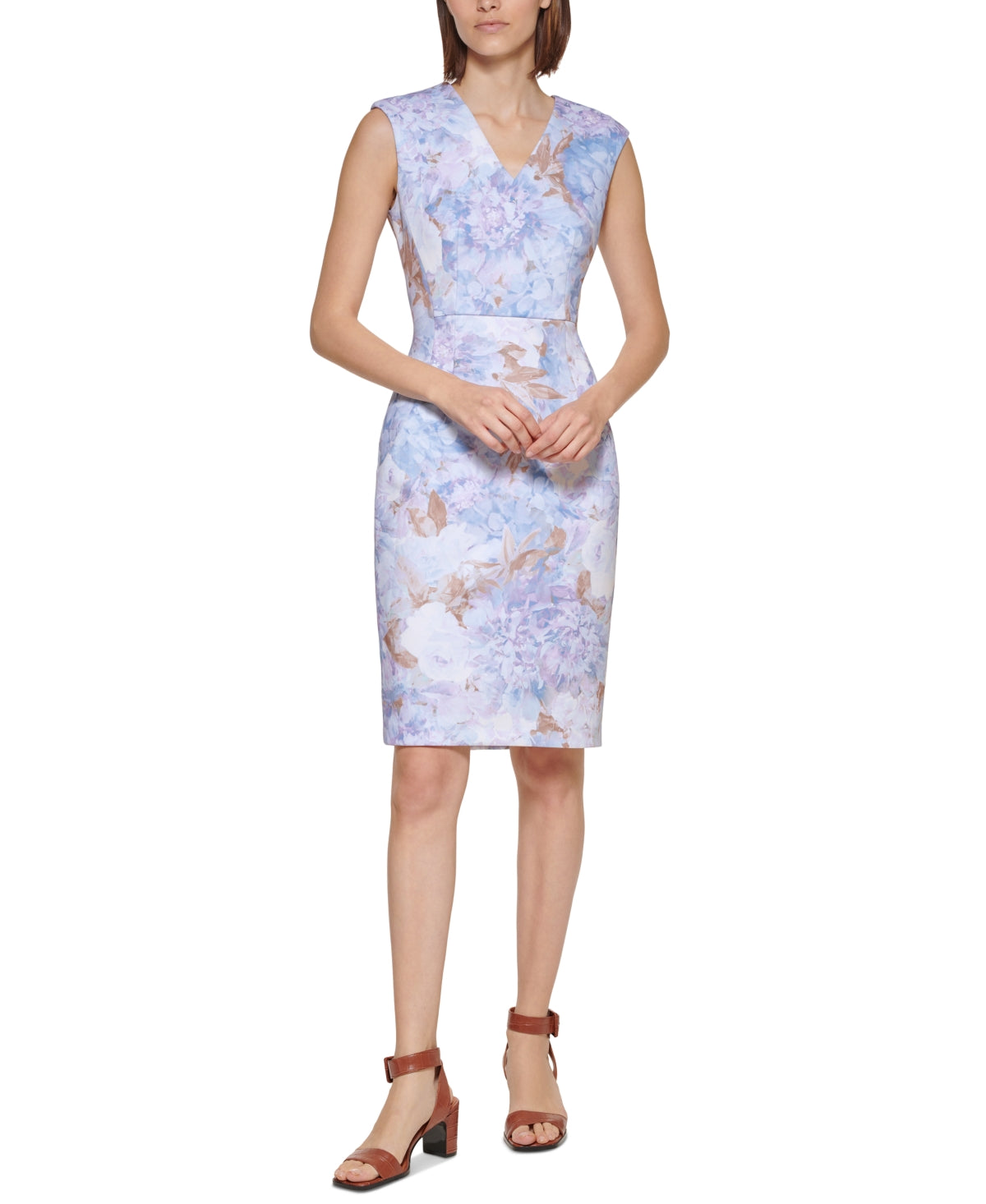 Vestido tubinho floral Calvin Klein feminino, decote em V, azul, tamanho 16