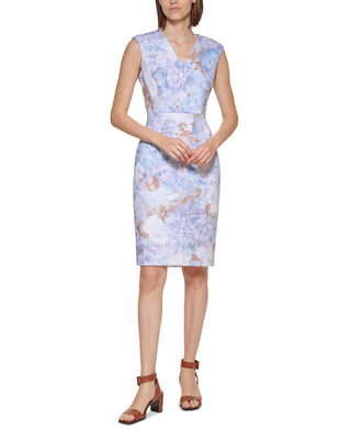 Vestido tubinho floral Calvin Klein feminino, decote em V, azul, tamanho 16