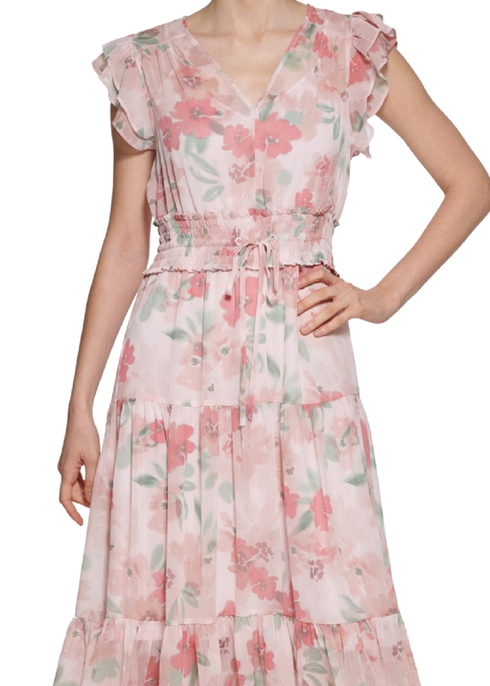 Vestido longo feminino Calvin Klein com estampa floral, cintura franzida e camadas, rosa, tamanho 16