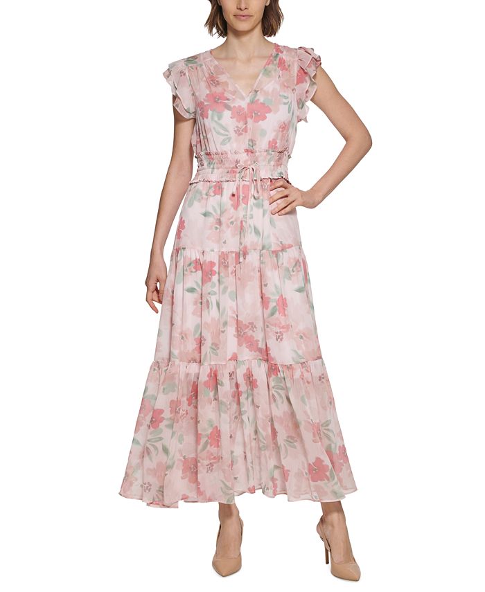 Vestido longo feminino Calvin Klein com estampa floral, cintura franzida e camadas, rosa, tamanho 6
