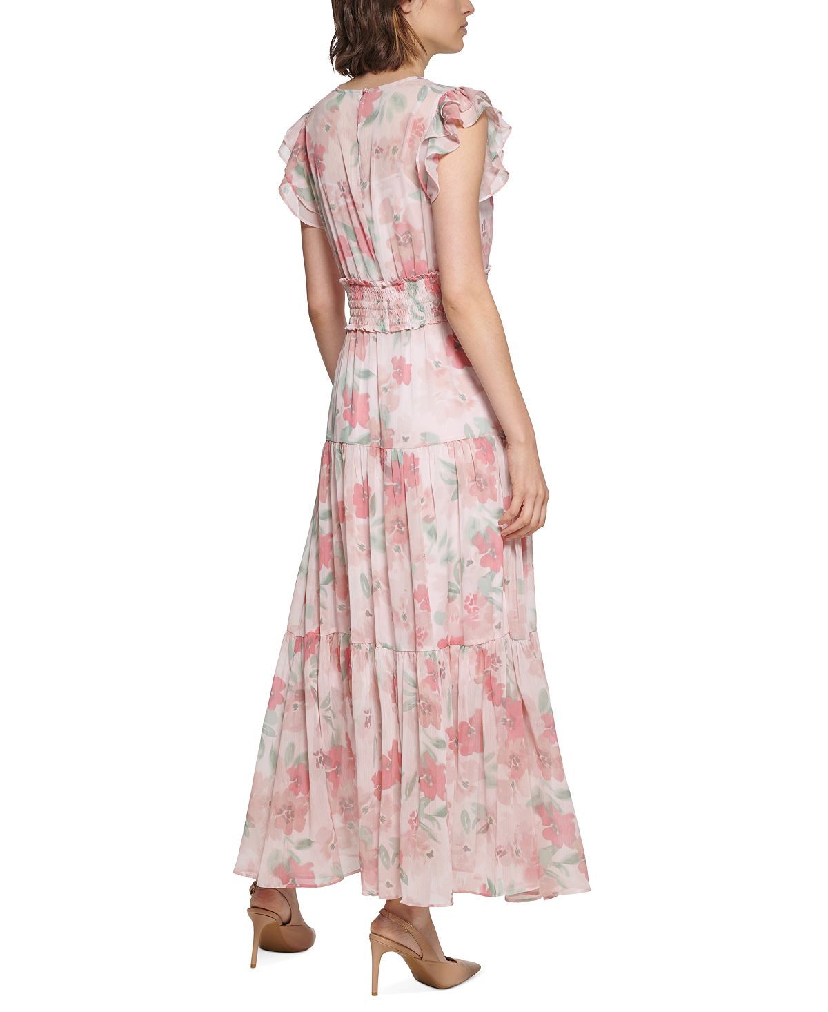 Vestido longo feminino Calvin Klein com estampa floral, cintura franzida e camadas, rosa, tamanho 6