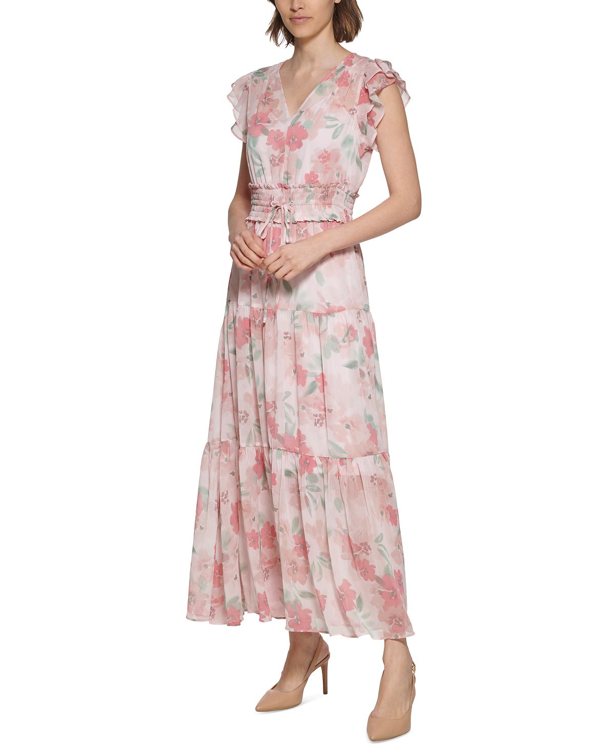 Vestido longo feminino Calvin Klein com estampa floral, cintura franzida e camadas, rosa, tamanho 6
