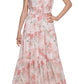 Vestido longo feminino Calvin Klein com estampa floral, cintura franzida e camadas, rosa, tamanho 4
